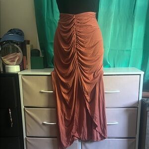 SHEIN Ruched Midi Skirt | Rust Brown | High Waist | Slit Detail | Size L